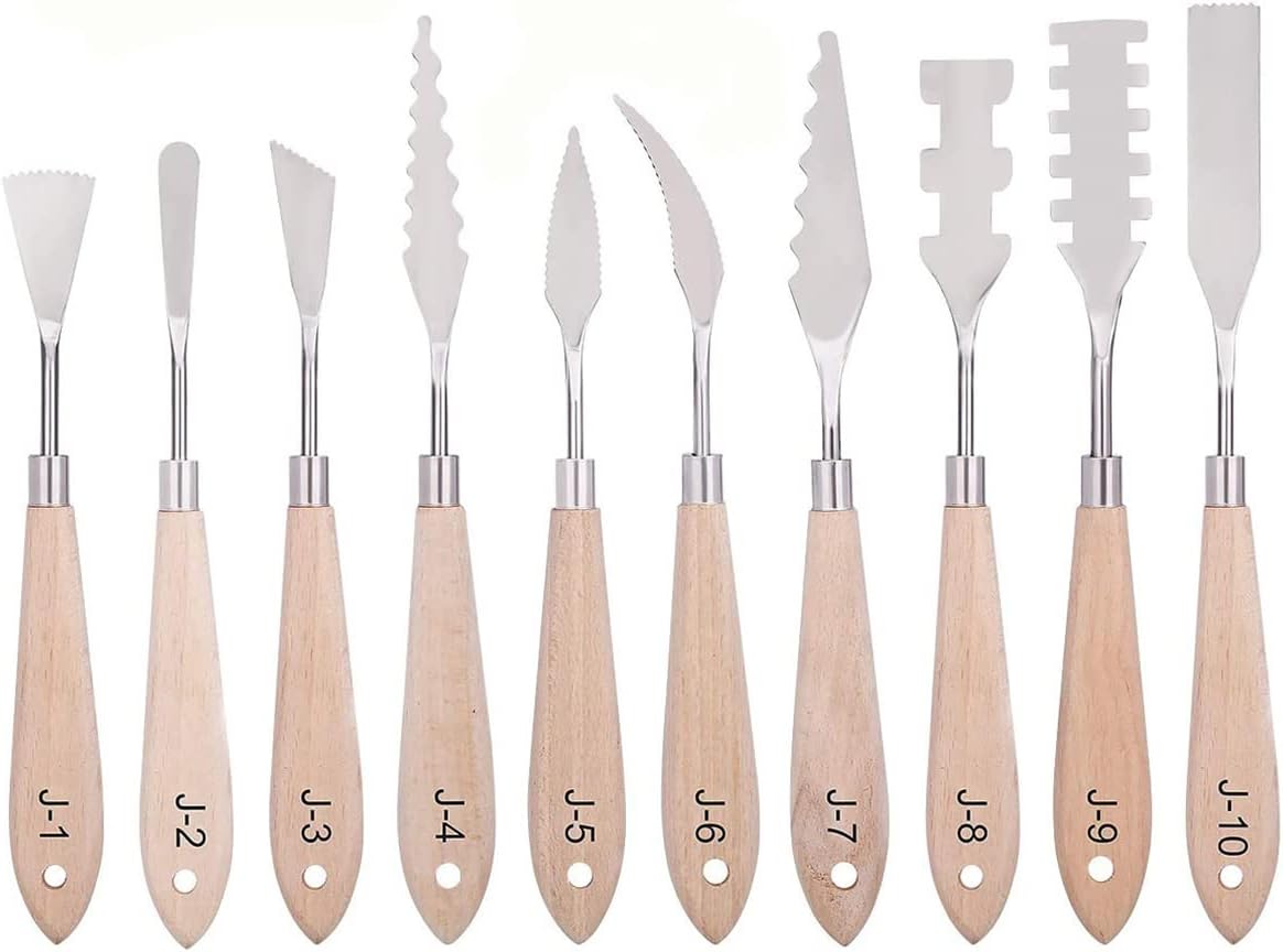 Paint Knife Set - 10pcs Stainless Steel Spatula Palette Knife Painting Tools Metal Knives Wood Handle with Different Shapes and Sizes for Oil Painting, Acrylic Mixing