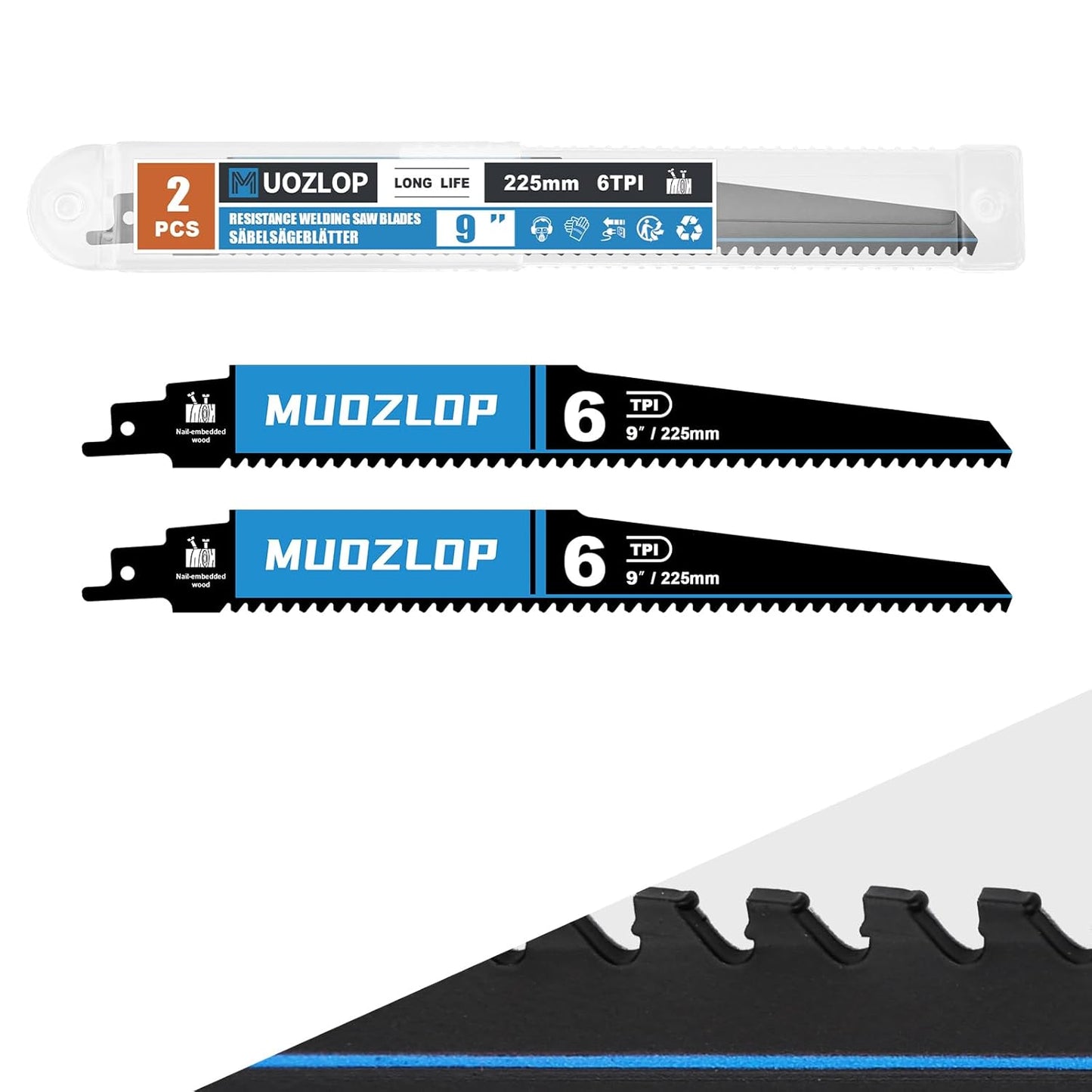 2 Pack 9 inch Reciprocating Saw Blades Set， 6 TPI High Carbon Saw Blades for Wood with Nails ，Saw Blades with Organizer Case (2, 6T/9inch)