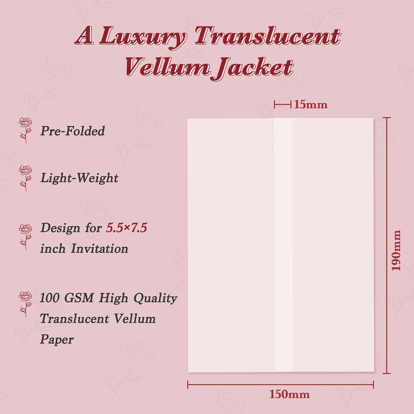 60 Pack Pre-Folded Vellum Jackets for 5.5x7.5 Invitations, Translucent Vellum Paper 5.5x7.5 Jackets, 100GSM Wedding Invitations Wraps, Envelope Liners for Birthdays, Baby Showers