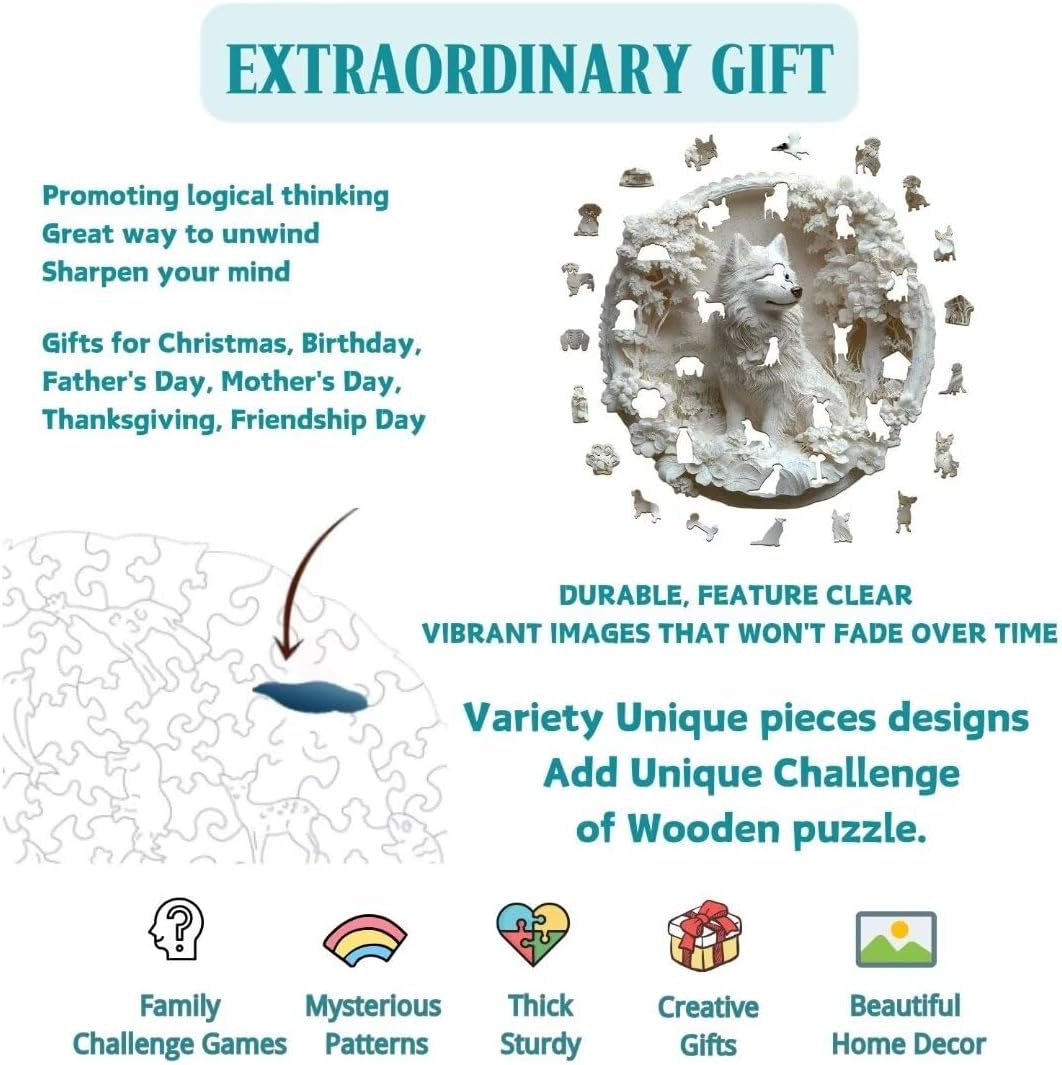 Wooden Puzzles Adults, 3D Paper Samoyed Dog Wooden Puzzles 100 Pieces, Unique Animal Shaped Wood Challenging Jigsaw Puzzles Gifts for Adults, 8.5x8.3in