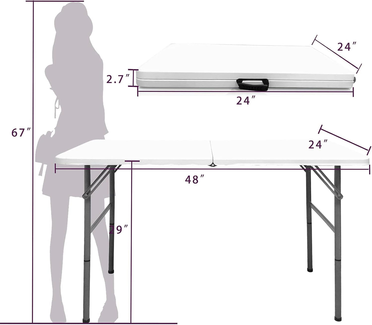 4 FT Folding Table, Plastic Portable Tables for Dining Parties Card Picnic Camping, Granite White