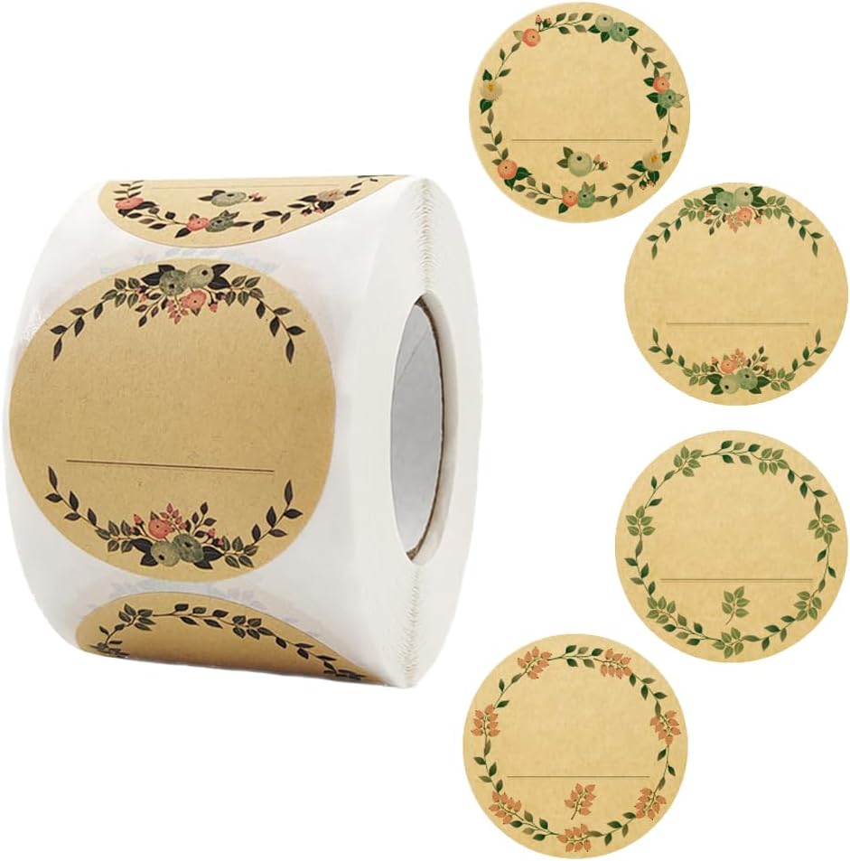 HAHIYO 1.5In 500P Round Natural Brown Kraft Stickers with Vintage Flower Design - 4 Unique Styles Blank Kraft Labels Roll to Write On Durable Dot Stickers for Jar Canning Price Tags Store Organizing