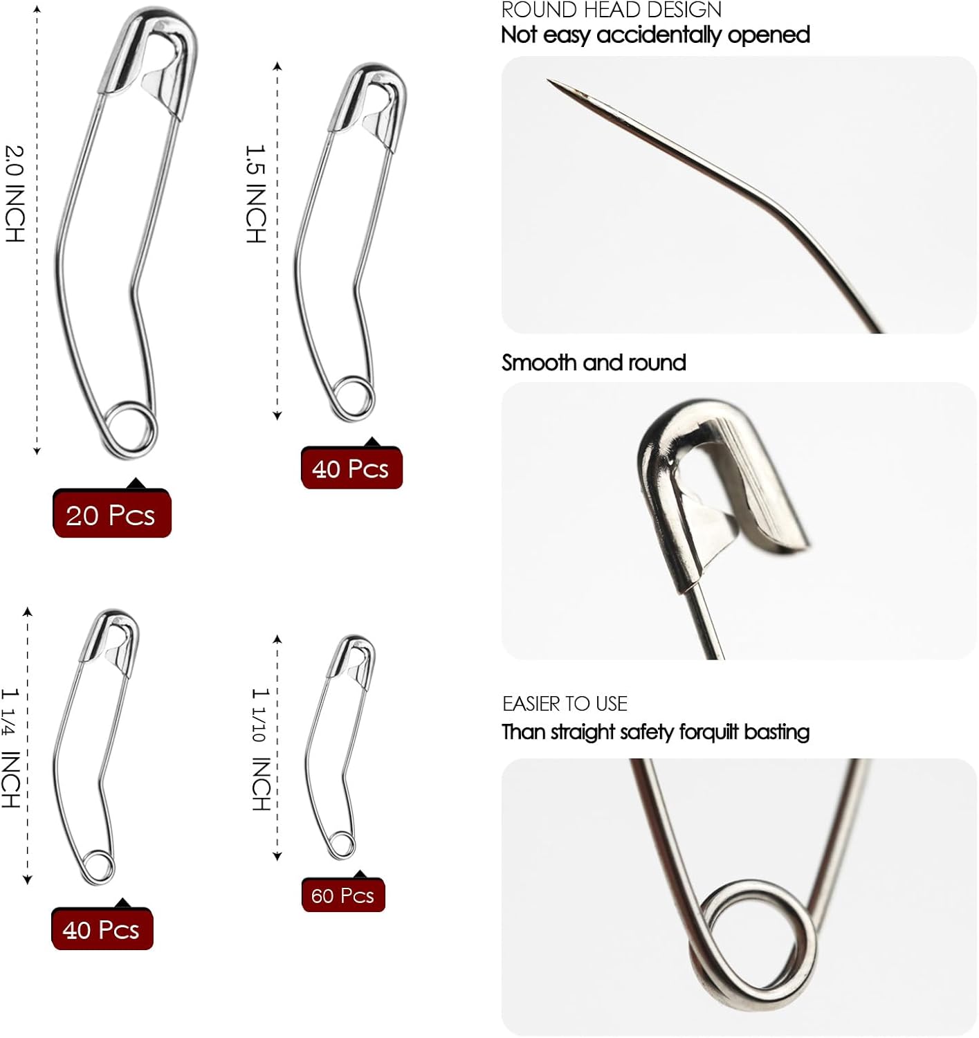 160 Pack Curved Safety Pins for Quilting Basting Pins 28mm 32mm 38mm 54mm Assorted Sizes Quilting Safety Pins Stainless Steel Quilting Pins