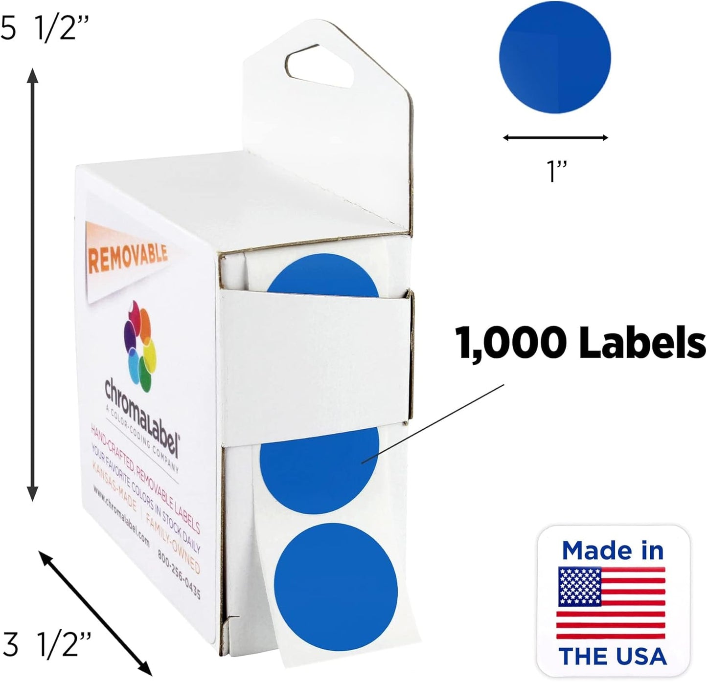 ChromaLabel 1 Inch Round Label Removable Color Code Dot Stickers, 1000 Labels per Dispenser Box, Dark Blue