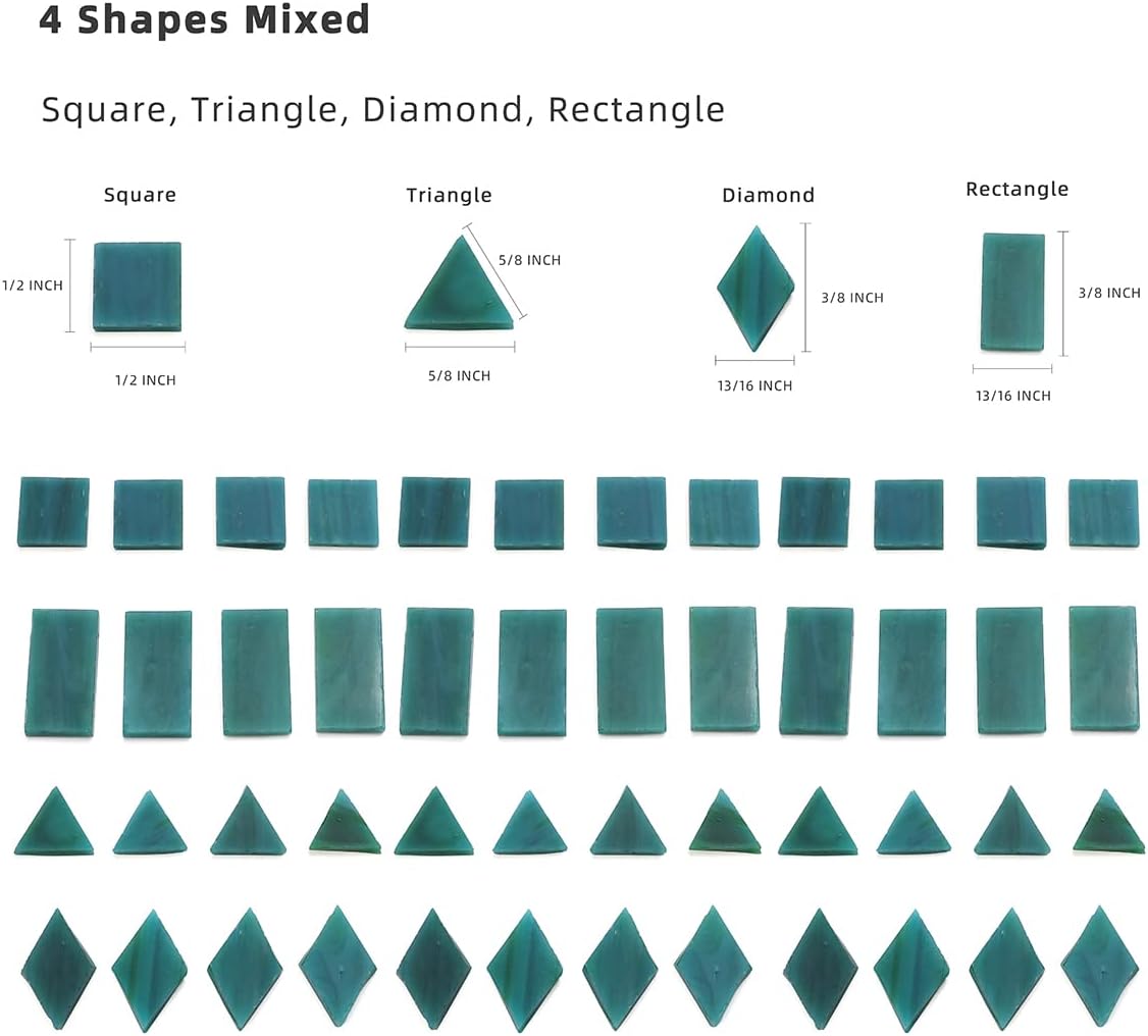 Lanyani 200 Mixed Color Glass Mosaic Tiles - 4 Shapes, Tiffany Stained Glass Pieces for Crafts, Turquoise