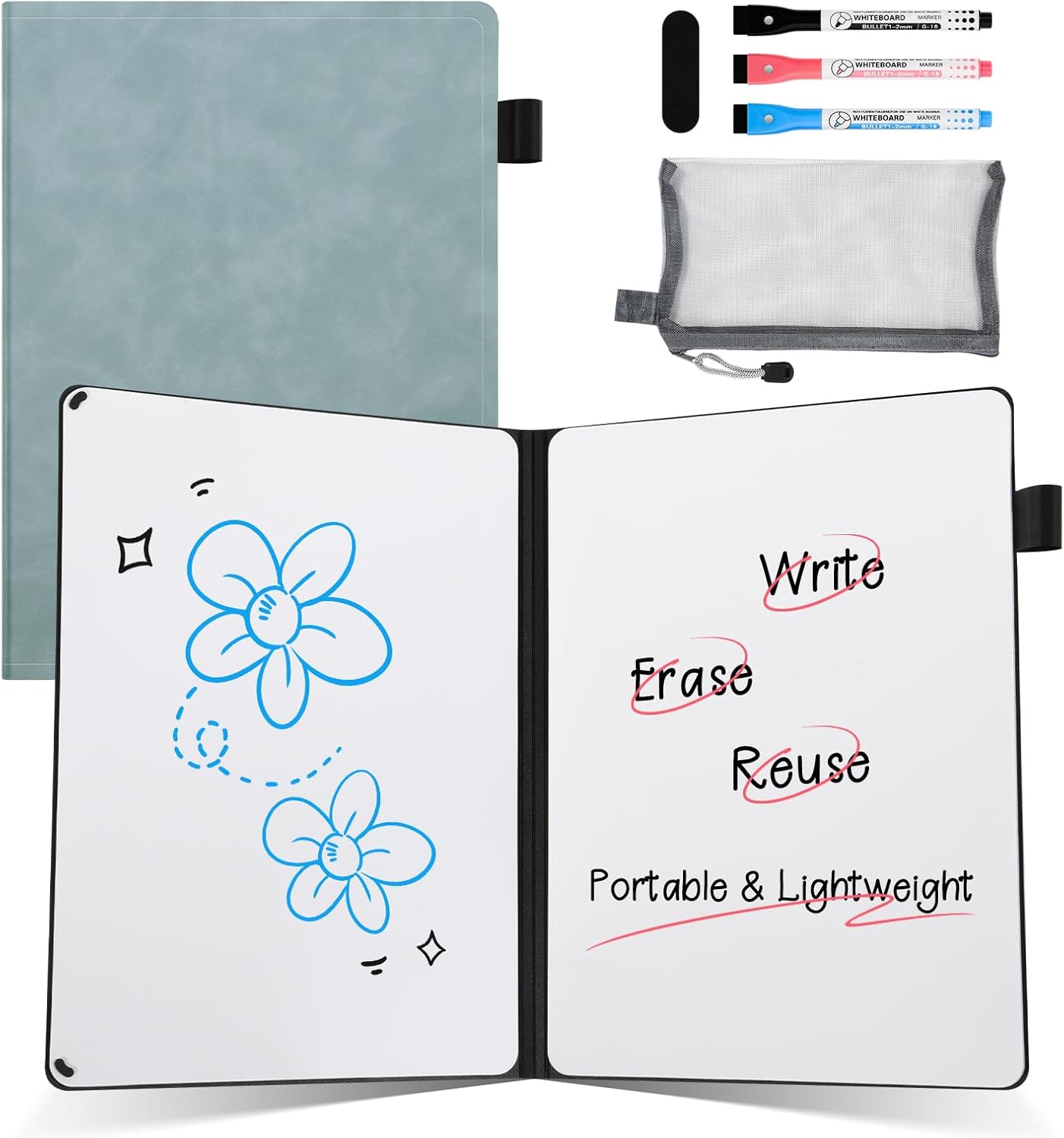 AGM Portable White Board Dry Erase Notebook, 8.4" x 6" Double Sided Folding Whiteboards with 3 Pens, Small Travel Dry Erase Board Skin-Friendly Material for Study, Meeting, Planning, Ocean Blue