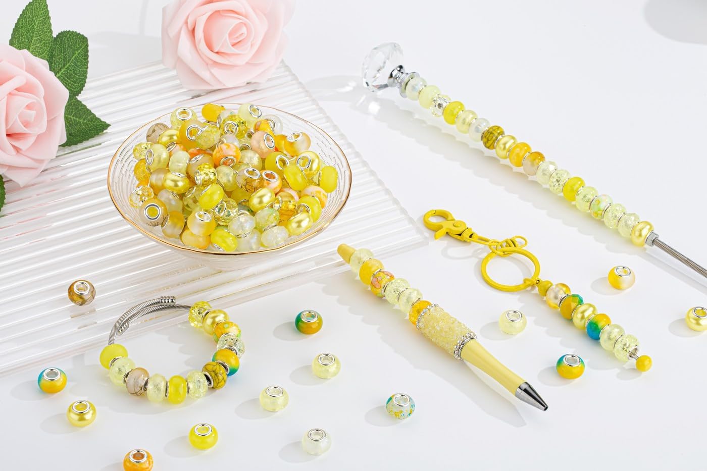 LAIDANLA Yellow Mix Large Hole Beads, 100pcs, 14mm x 5mm, Resin, Plastic, Acrylic, Round, Loose Beads for Jewelry Making, Bracelet, Necklace, Decoration