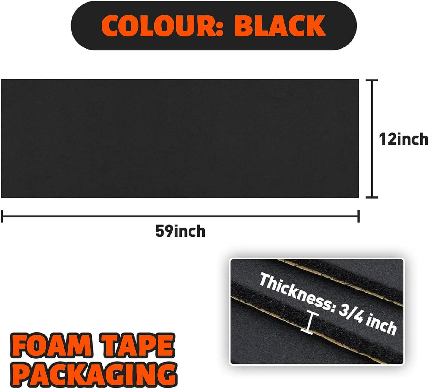 3/4''T x 12''W x 59''L Neoprene Sponge Foam Rubber Sheet Roll with Self-Adhesive Easy Cut DIY Adhesive Padding Perfect Cosplay Multi-Function Soundproof, Black