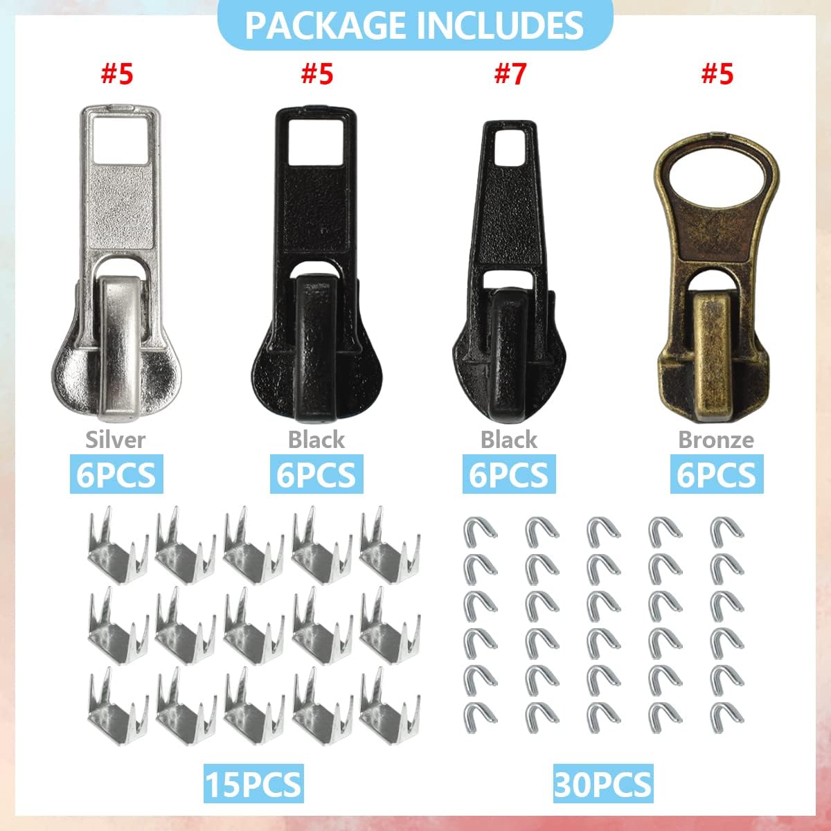 24 Pcs #5#7 Zipper Sliders Replacement Zipper Pull Repair Kit Includes Top and Bottom Stoppers for Clothing Bags Purses Luggage Metal Plastic Nylon Coil Jacket Zippers Supplies