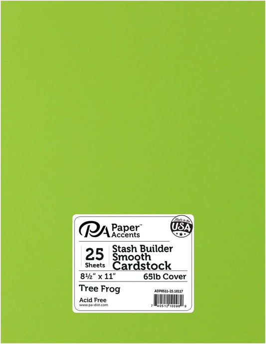 PA Paper Accents Stash Builder Cardstock 8.5" x 11" Tree Frog, 65lb Colored cardstock Paper for Card Making, Scrapbooking, Printing, Quilling and Crafts, 25 Piece Pack