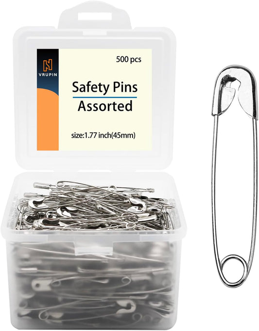 500pcs Safety Pins, 45mm Safety Pins Bulk, Rust Resistant, Heavy Duty Variety Pack, Perfect for Clothes, Crafts, Sewing, Pinning and More