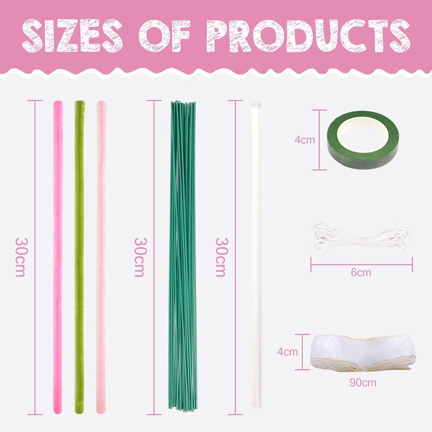 Rarapop 400 Pcs Pipe Cleaners Bulk Chenille Stems for DIY, 4 Assorted Colors Flower Making Kit with Floral Wires, Gardening Tape,Stamen and Ribbon for Art and Craft Projects