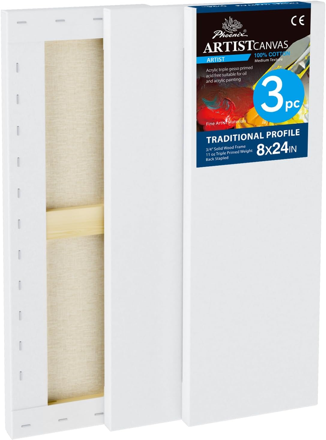 PHOENIX 8x24 Inch 3 Pack Artist Canvas - Long Skinny Stretched Canvases for Painting - 3/4 Inch Profile, 100% Cotton 11 Oz. Gesso Primed White Blank Professional Canvas Oil & Acrylic Paints