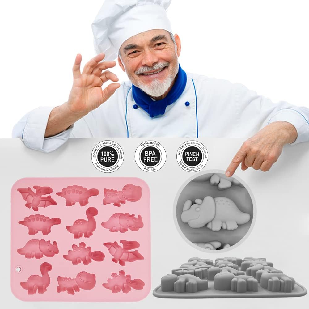 2 Pack 3D Cute Dinosaur Silicone Molds 12 Cavity Dinosaur Themed Baking Mould Tray DIY Baking Tool for Easter Chocolate Cake Dessert Candy Mousse Pastry Handmade Soap Cupcake Topper