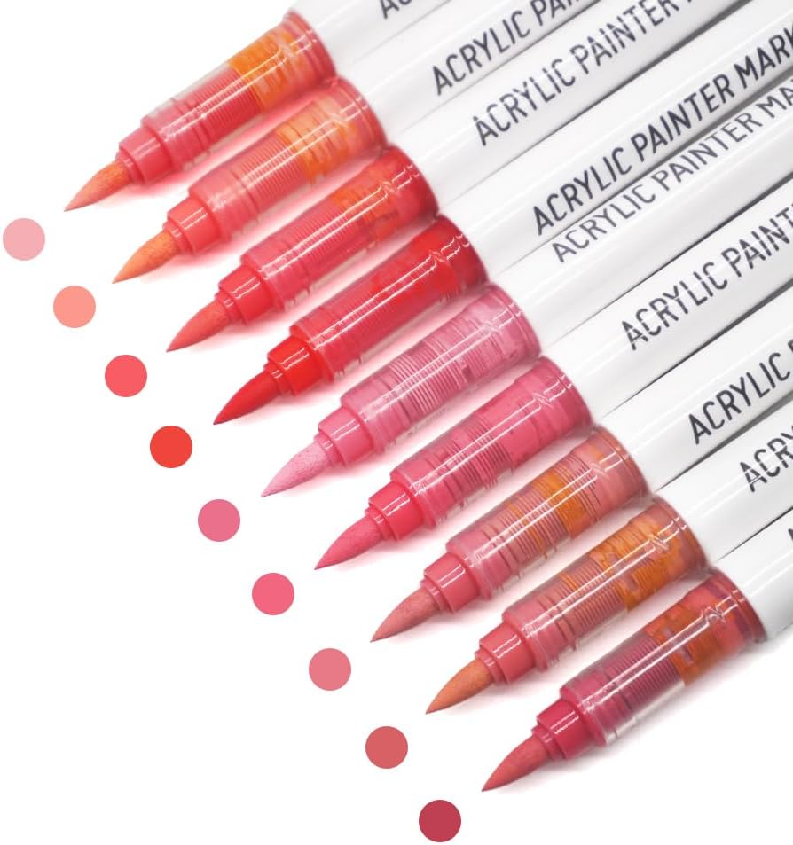 Water Based Acrylic Paint Markers, 9 Colors Acrylic Paint Pens Set with Soft Brush Tip, Marker Pen for Rock Painting, Egg, Wood, Glass, Paper, Acrylic Painter Ink (Lip Gloss Red Series)