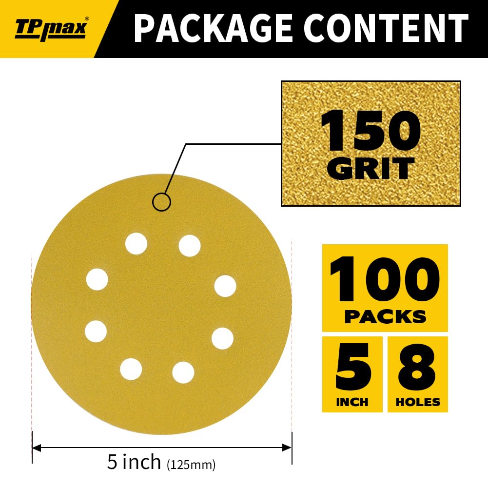 100PCS 5 Inch 150 Grit 125mm 8 Hole Sanding Discs Sandpaper - Premium Gold Round Hook and Loop for Random Orbital Sander - Ideal for Wood, Metal, Automotive