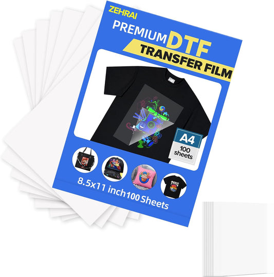ZEHRAI 100 Sheets DTF Transfer Film 8.5" x 11" Double Sided Matte, Clear Cold Peel, Direct to Film Heat Transfer Film for All Fabric and Colors T-Shirts Textile
