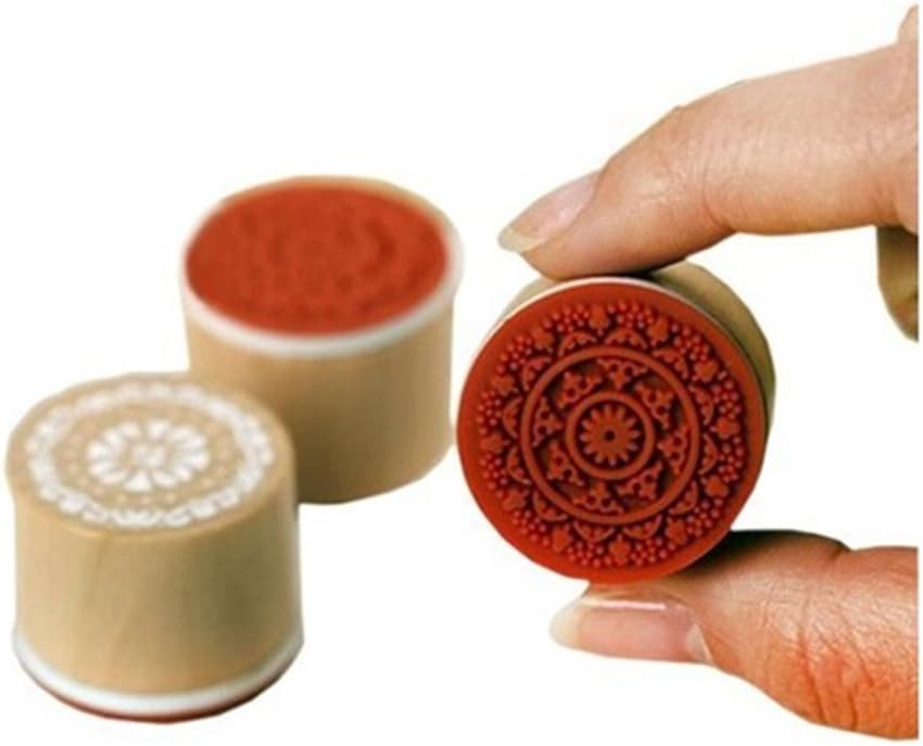 DECORA 6 Pieces Floral Pattern Round Wooden Rubber Stamp for Scrapbooking