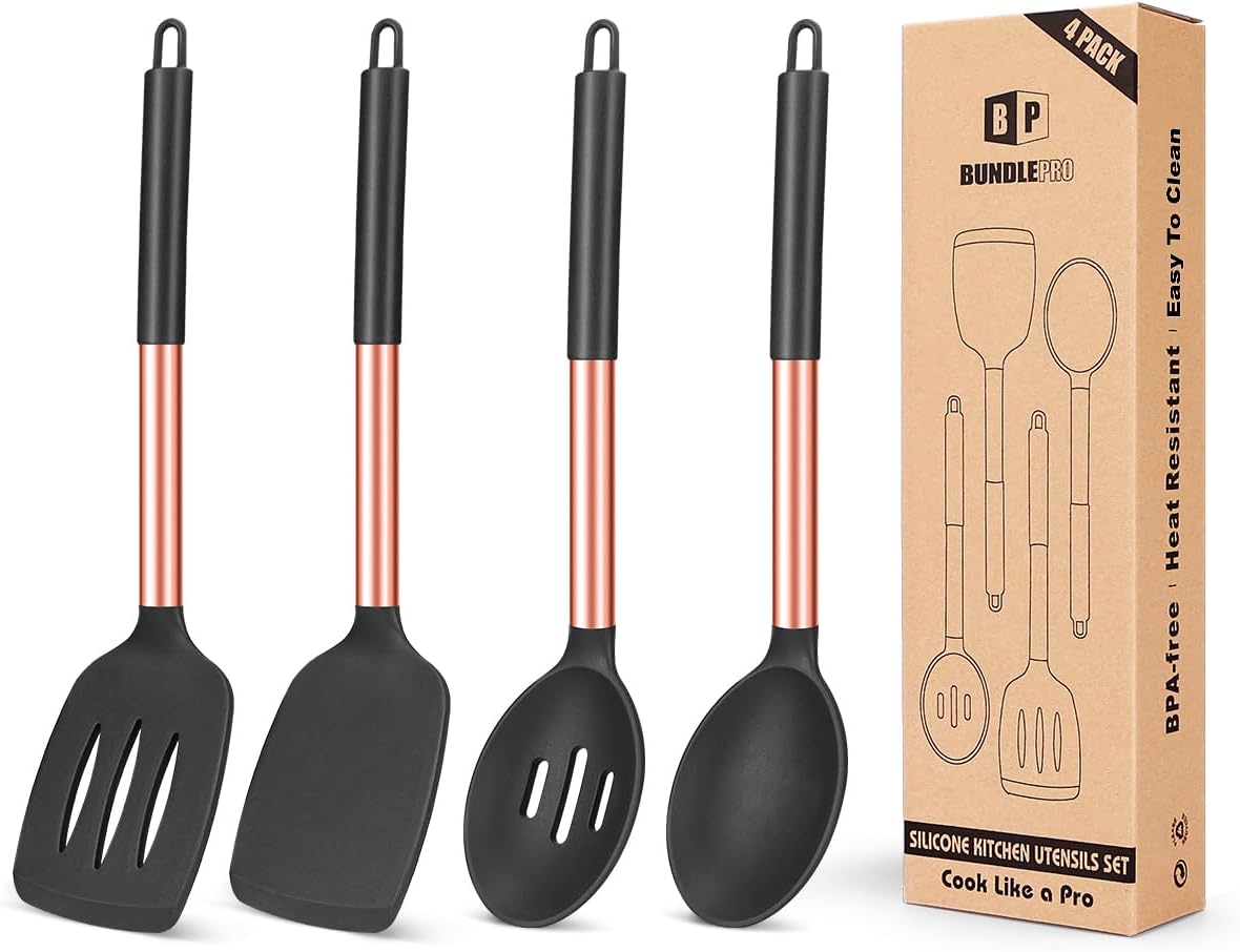 Pack of 4 Silicone Cooking Utensils Set, Non Stick Large Solid Spatulas, Heat Resistant Rose Gold Black Slotted Spoons, Ideal BPA Free Kitchen Turners for Frying, Mixing,Serving,Draining,Turning