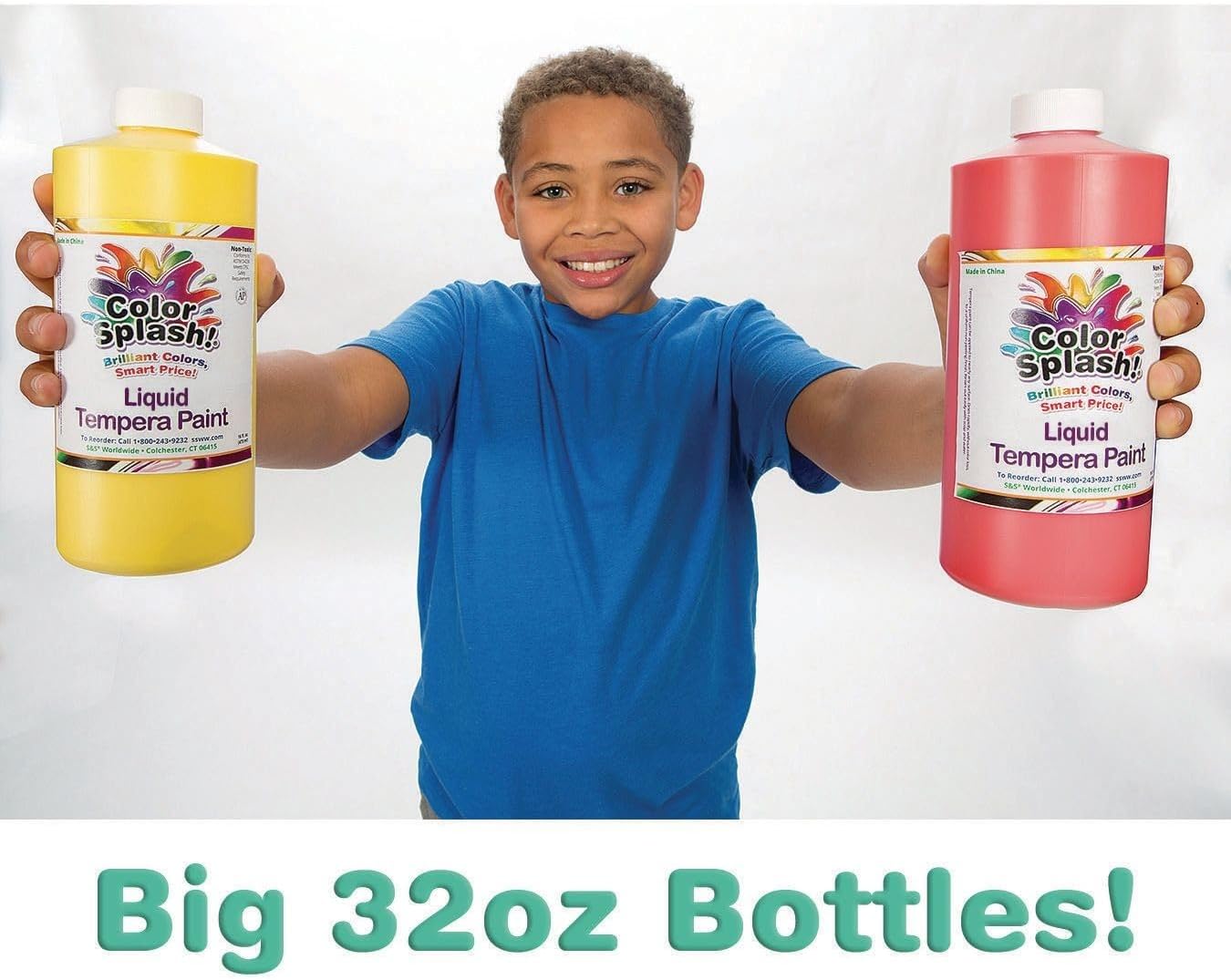 S&S Worldwide Color Splash! Liquid Tempera Bulk Paint, Set of 12 in 11 Bright Colors, 32-oz Easy-Pour Bottles, Great for Arts & Crafts, School, Classroom, Poster Paint, For Kids & Adults, Non-Toxic.