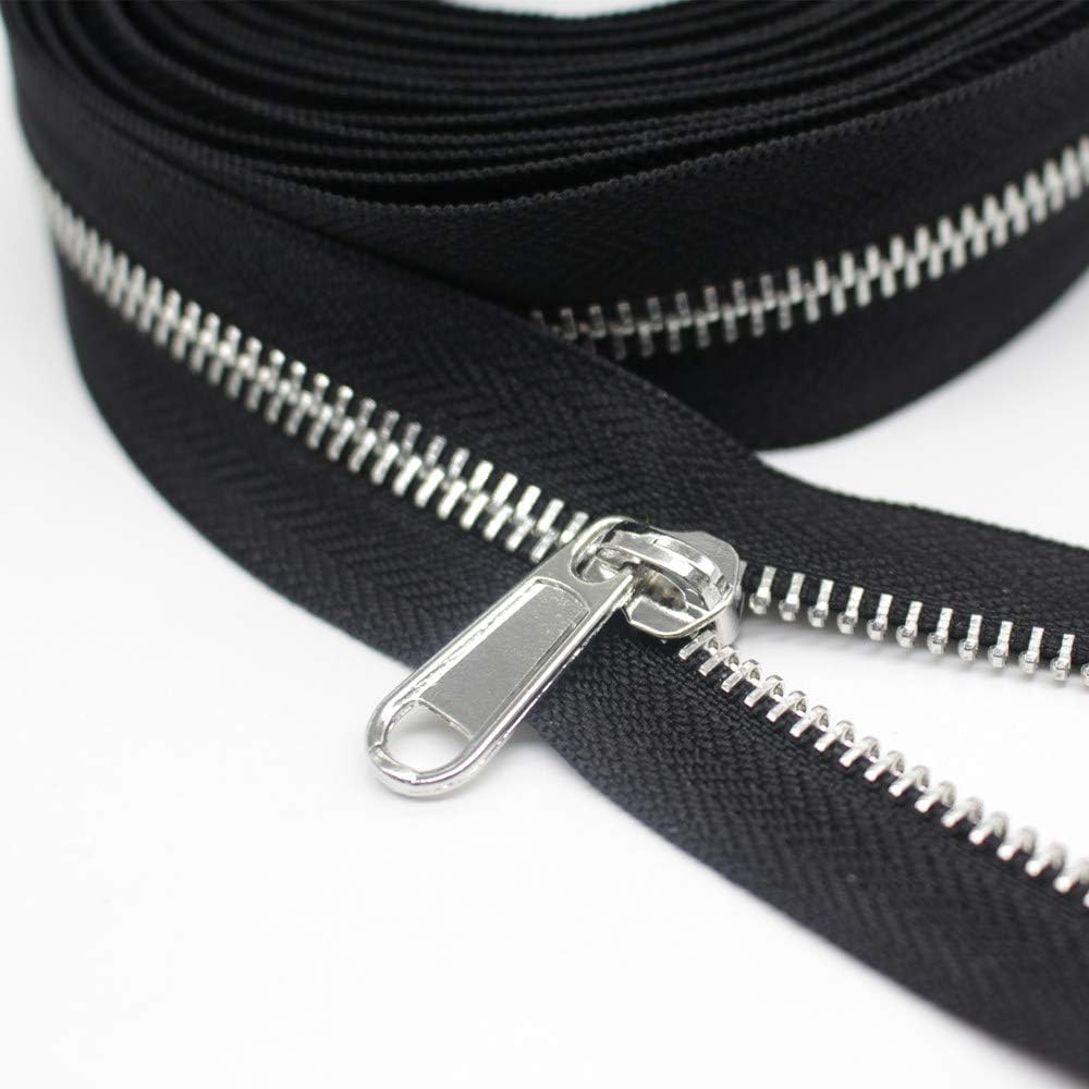 YaHoGa #5 Metal Zippers by The Yard Bulk 4 Yards + 10 pcs Sliders for Bags DIY Sewing Tailor Crafts (Silver Teeth)