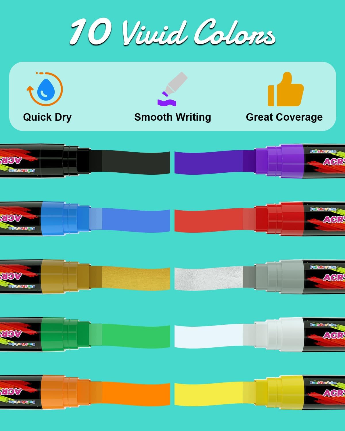 FansArriche Acrylic Paint Markers, 15mm Jumbo Felt Tip, 10 Colored Waterproof and Permanent Paint Pens for Tagging, Signs, Calligraphy, and Outdoor Paintings