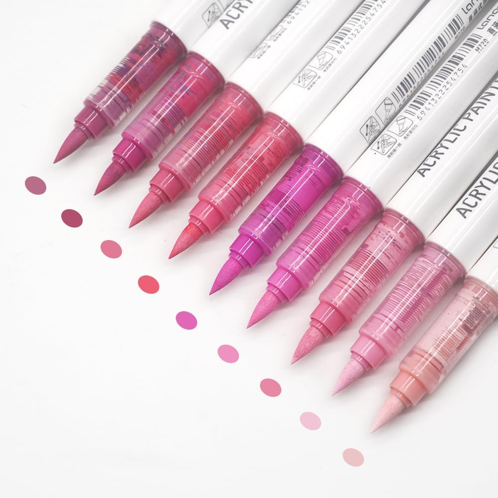 Water Based Acrylic Paint Markers, 9 Colors Acrylic Paint Pens Set with Soft Brush Tip, Marker Pen for Rock Painting, Egg, Wood, Glass, Paper, Mugs, Acrylic Painter Ink (Sweet Pink Series)