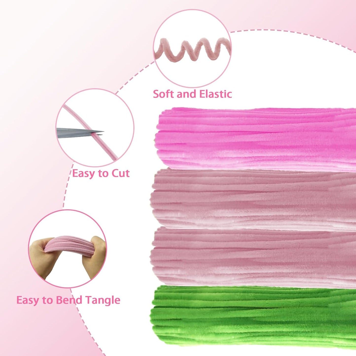 LOLEDE 400Pcs Pipe Cleaners Craft Kit, 3 Colors Chenille Stems for DIY Artificial Flower Making with Floral Wires, Gardening Tape, LED String Lights, Pearl Beads & Ribbon (Pink)
