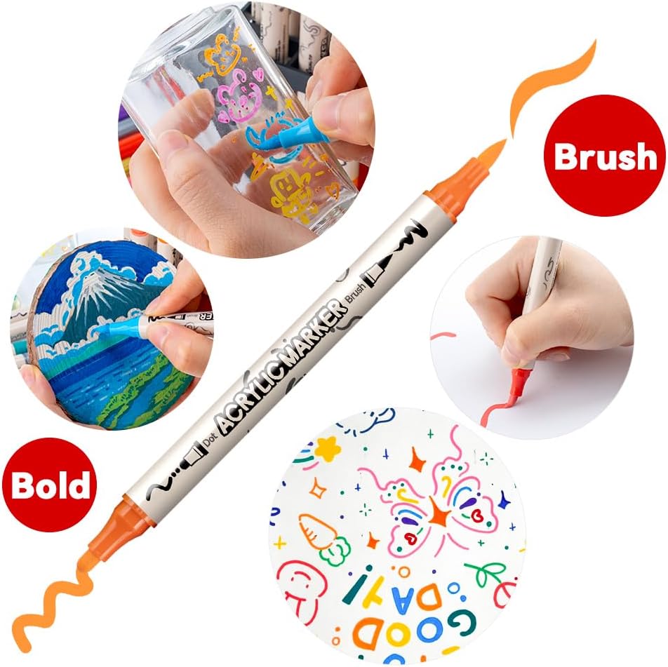 TRANSON 12 Colors Bold and Brush Dual-tip Acrylic Paint Marker Pen Set for Canvas Rock Wood Leather Ceramic DIY Painting