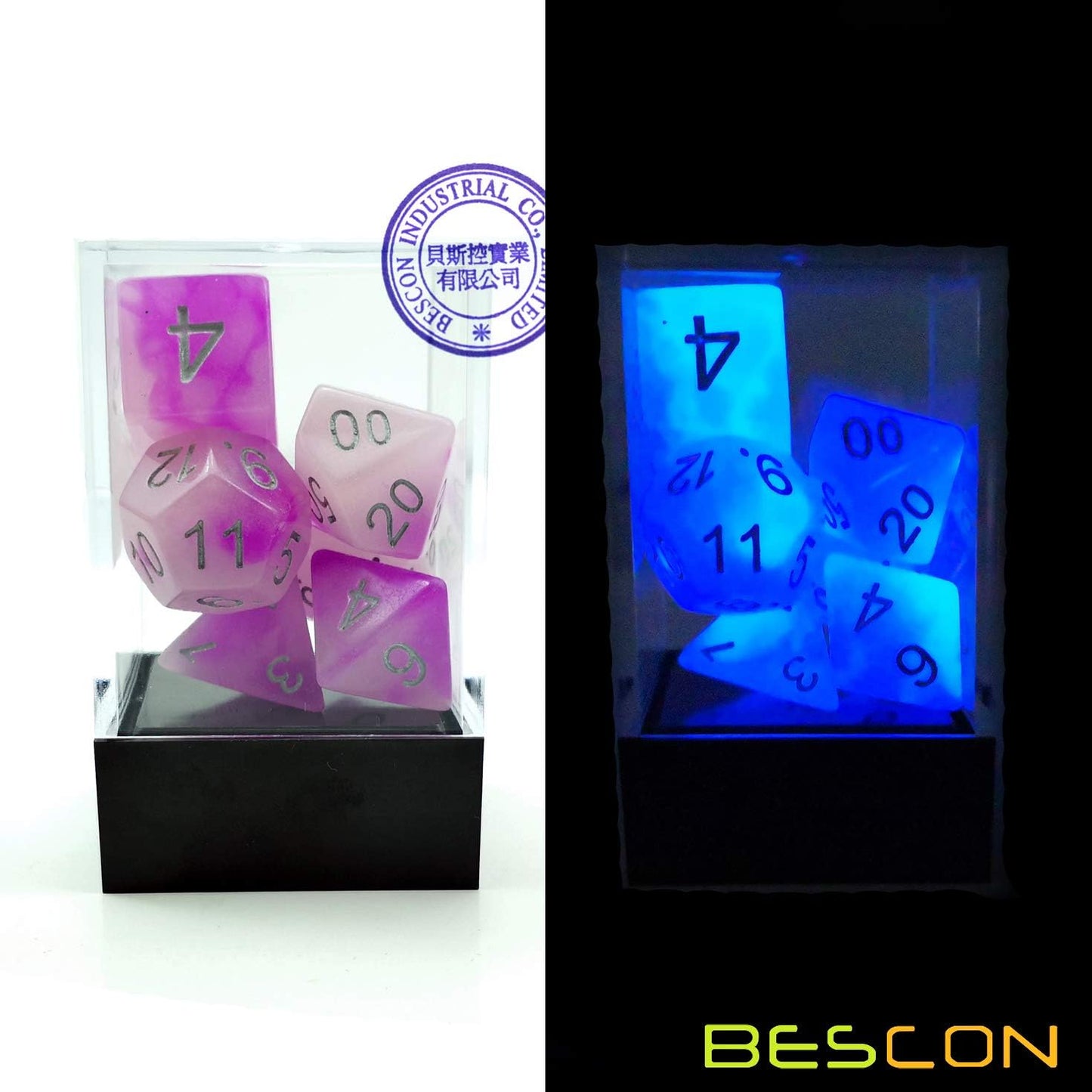 Bescon Two Tone Glowing Polyhedral Dice 7pcs Set Frosty Amethyst, Luminous RPG Dice Glow in Dark, DND Role Playing Game Dice