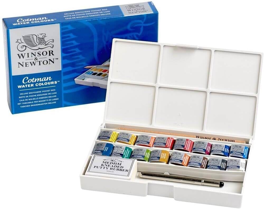Winsor & Newton Cotman Watercolor Paint Set, Complete Pocket Set, 16 Half Pan w/ Brush, Eraser, Mixing Palette