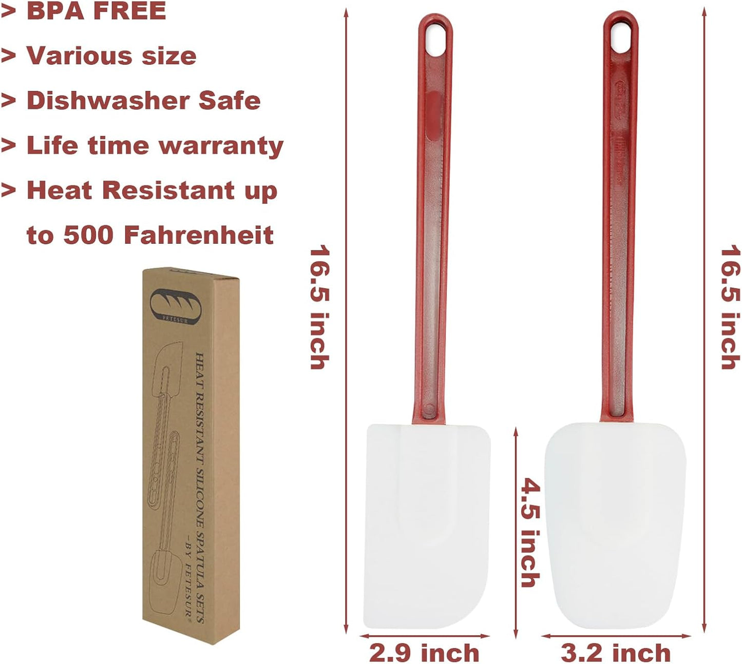 High Heat Resistant Silicone Scraper Spoon Commercial Spatula for Cooking, Rubber Spatula Set of 2, (16.5'')