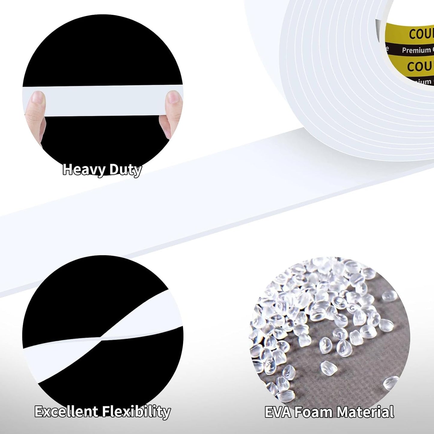 3Pack 1inX16.4FT (Total 49.2FT) Double Sided Foam Strip, EVA Foam Tape, Double Sided Sponge Adhesive Mounting Tape for Home Office Decor White