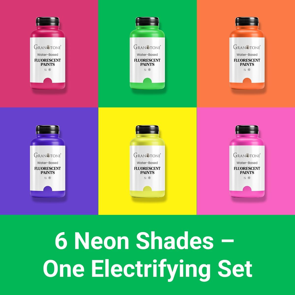 GRANOTONE Neon Fluorescent Acrylic Paint Set - 6 Colors, 16 oz Each | Glows in Black Light | Non-Toxic & Vibrant Paint | Ideal for Art, Crafts, Kids, & Hobbyists | Made in India