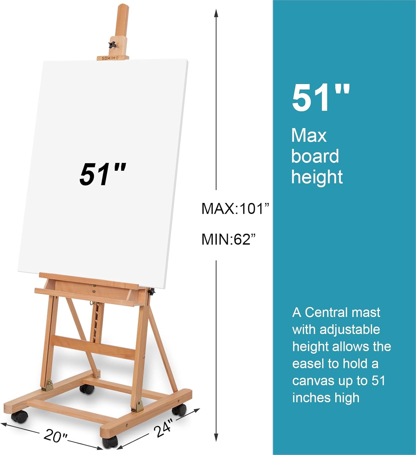 H-Frame Studio Easel, Beechwood Artist Easel with Wheels and Storage Tray, Adjustable Floor Easel Stand Holding Canvas up to 51Inches for Painting, Natural