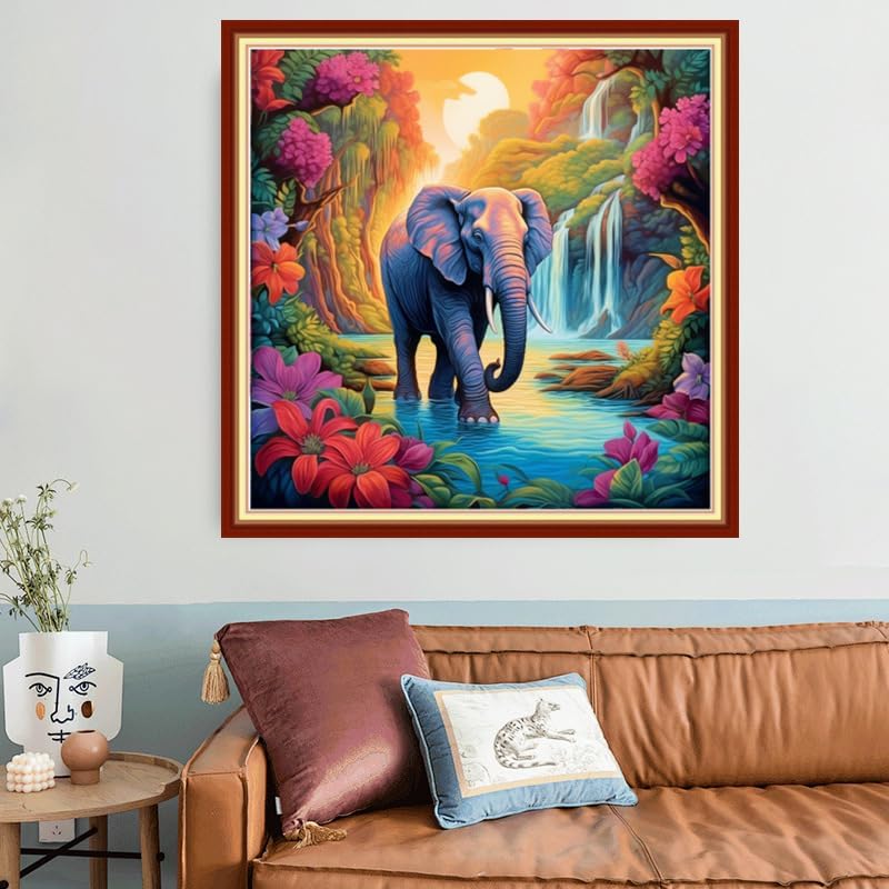 Joyhoor Stamped Cross Stitch Kits for Beginners, Needlepoint Kits for Adults, 11CT Counted Embroidery Kits-Elephant Falls 18x18 inchs