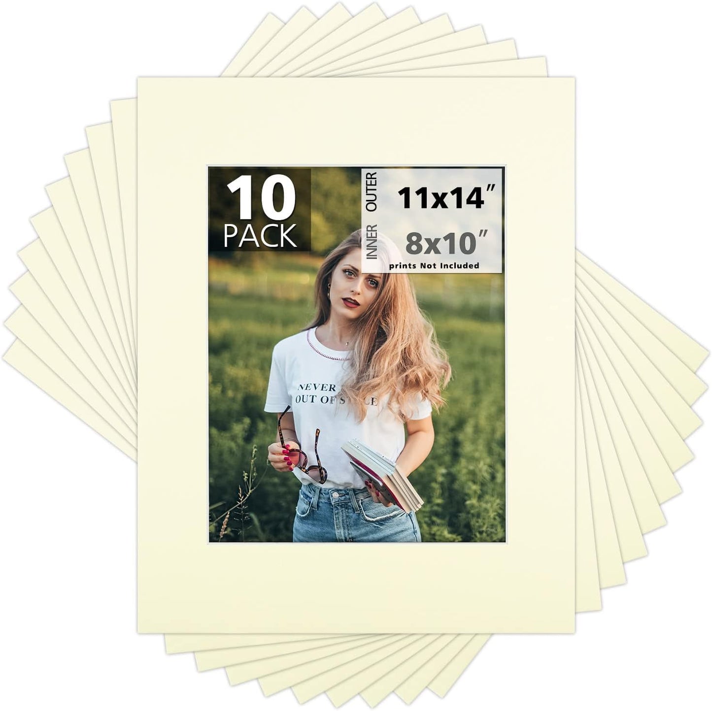 Mat Board Center, Pack of 10, 11x14 for 8x10 Ivory Color Mats - Bevel Cut, Acid Free, 4-ply Thickness, White Core - for Pictures, Photos, Framing
