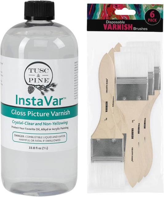 Jerry's Artarama InstaVar™ Gloss Picture Varnish & Varnish Brush Sets - Perfect for Varnish Paintings, Artists, Professionals, Restoration, & More! - 33.8oz Bottle w/ Set of 6 Brushes