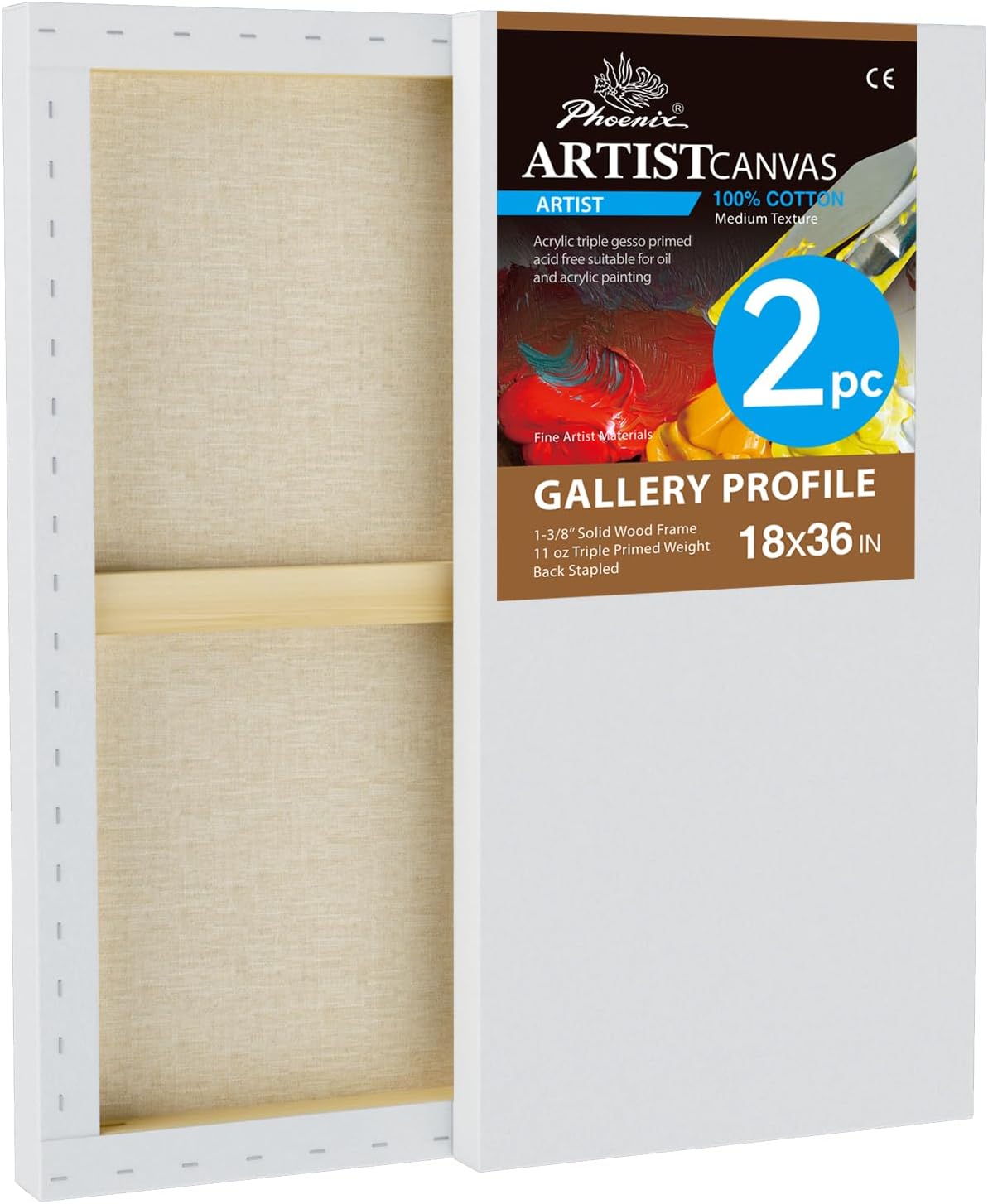 PHOENIX 18x36 Inch 2 Pack Gallery Canvas - 1.5 in Thick Extra Large Long Canvases for Painting - Deep Edge 100% Cotton 11 Oz. Gesso Primed White Blank Professional Canvas Oil & Acrylic Paints