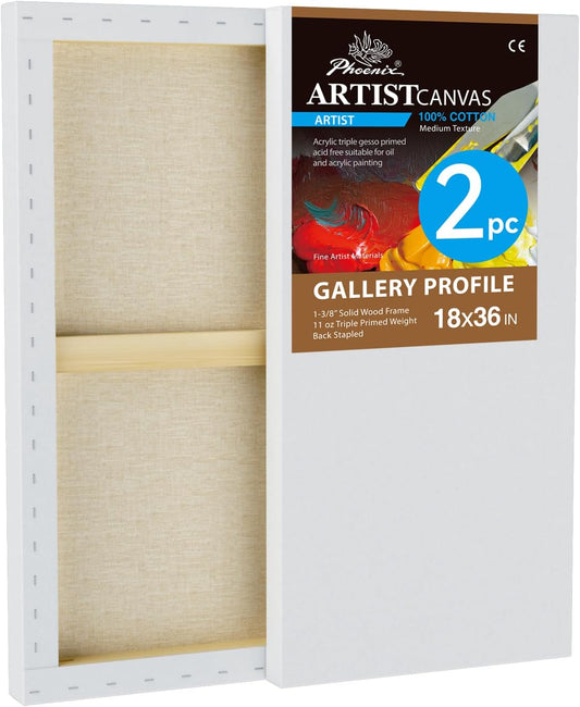 PHOENIX 18x36 Inch 2 Pack Gallery Canvas - 1.5 in Thick Extra Large Long Canvases for Painting - Deep Edge 100% Cotton 11 Oz. Gesso Primed White Blank Professional Canvas Oil & Acrylic Paints