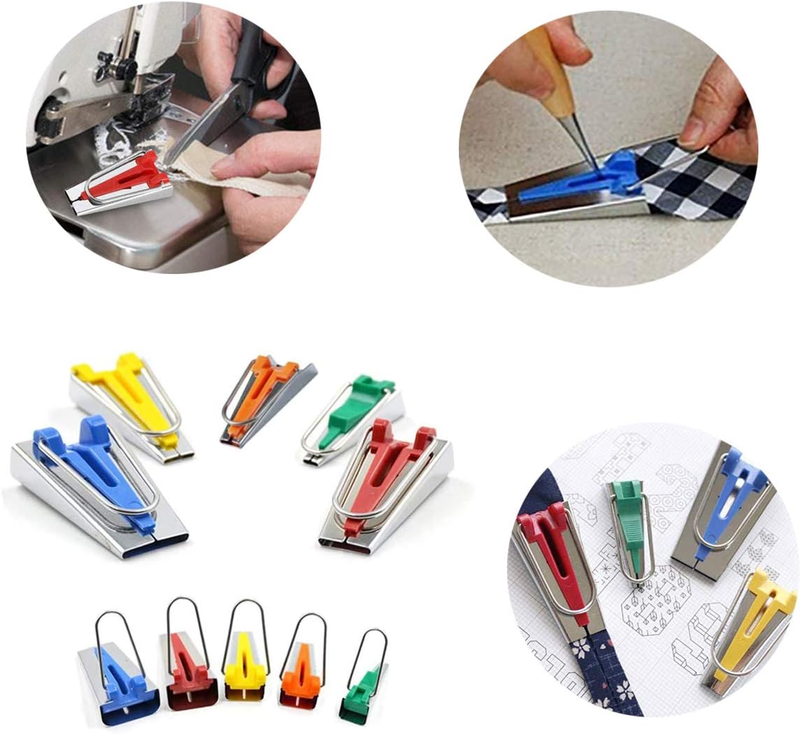 YICBOR Bias Tape Maker Kits All 5 Sizes 6MM 9MM 12MM 18MM 25MM Binding Foot Craft Clips Awl Quilter's Pin Comes with 10pcs Multi-Sizes Folding Fabric and Biasing Strips Roll Tool Set (Green)