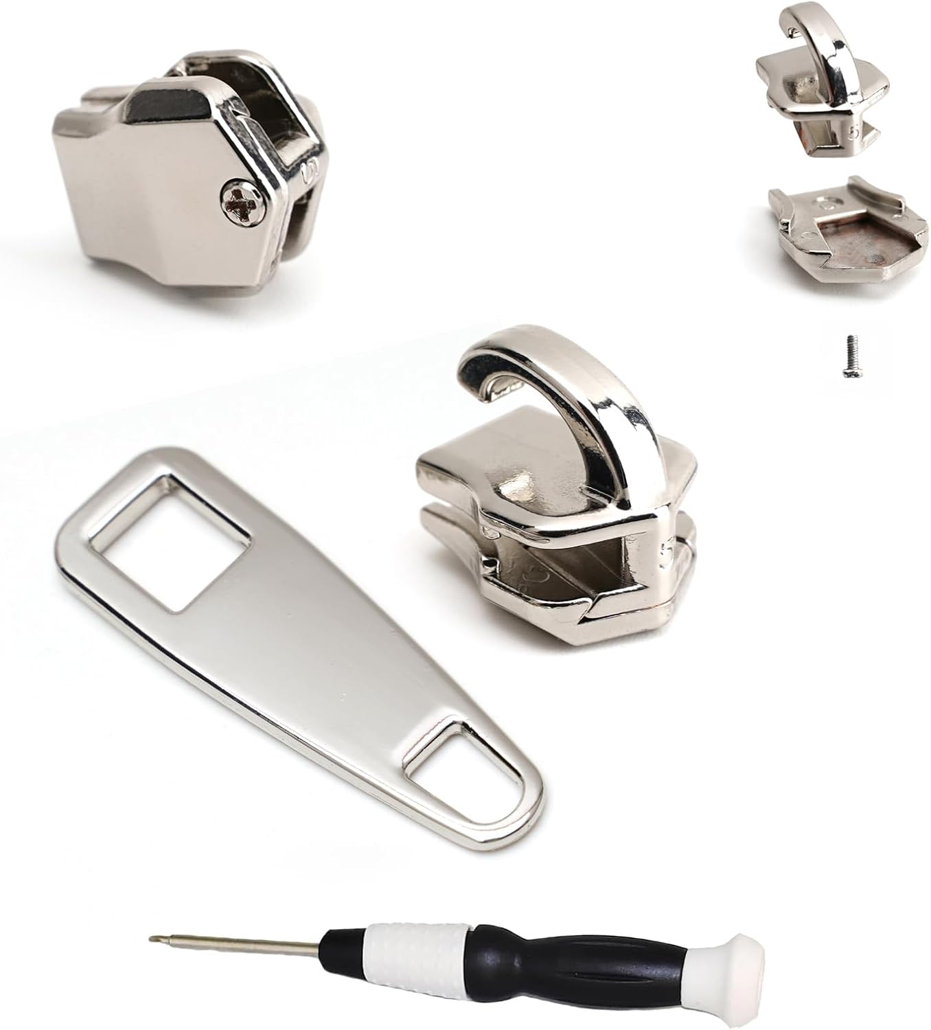 AKTIOIN Metal Zipper Repair Kit for Jackets, Luggage, Bags, Backpack, No Sewing Required Detachable Zip Heads Zipper Pull Replacement (#8 Silver)