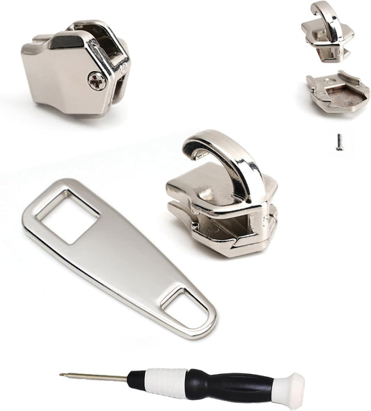AKTIOIN Metal Zipper Repair Kit for Jackets, Luggage, Bags, Backpack, No Sewing Required Detachable Zip Heads Zipper Pull Replacement (#8 Silver)