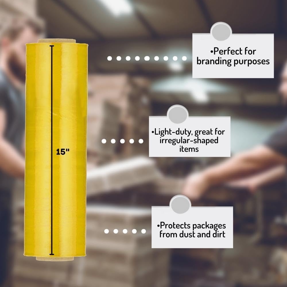 PSBM Yellow Stretch Wrap, 15 Inch x 1476 Feet, 4 Pack, Tinted Pre-Stretched Shrink Wrap Film for Moving, Packaging, Pallet Wrapping