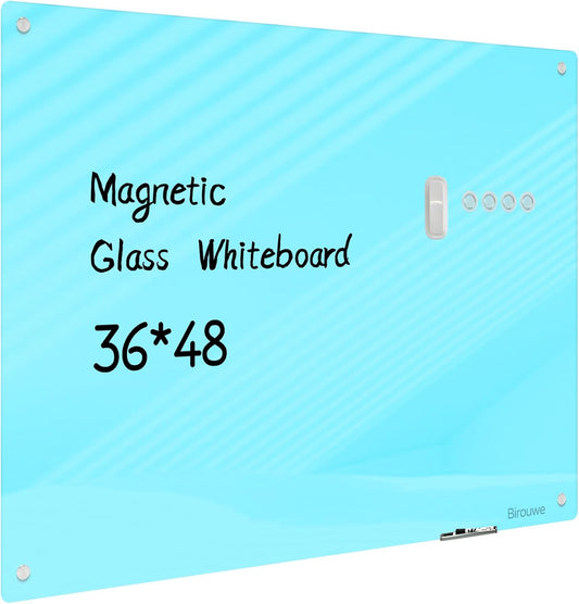Magnetic Glass Whiteboard - Glass Dry Erase Board 48"x36" Large Frameless Glass Board for Walls Office School and Home, Blue