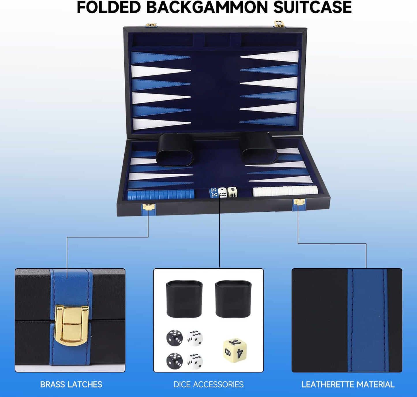 GSE Games & Sports Expert Premium Leather Backgammon Board Game Set, Classic Backgammon Game Set with Leather Case, Travel Folding Board Game (Black&Blue, Small)