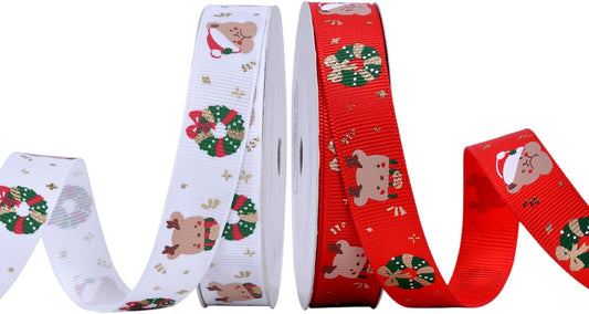 Christmas Gift Wrapping Ribbon, Red, Green, 2 Rolls Printed Grosgrain Ribbons for Crafts, Floral Bouquets, Sewing, Party and Festive Holiday Decor (2 Rolls(White/Red), 1 Rolls=5/8in * 5Yards)