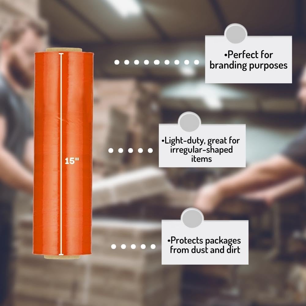 PSBM Orange Stretch Wrap, 15 Inch x 1476 Feet, 72 Pack, Tinted Pre-Stretched Shrink Wrap Film for Moving, Packaging, Pallet Wrapping