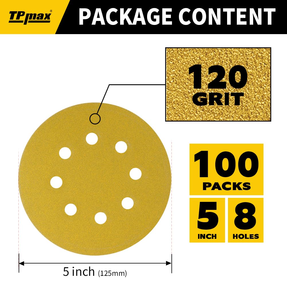 100PCS 5 Inch 120 Grit 125mm 8 Hole Sanding Discs Sandpaper - Premium Gold Round Hook and Loop for Random Orbital Sander - Ideal for Wood, Metal, Automotive