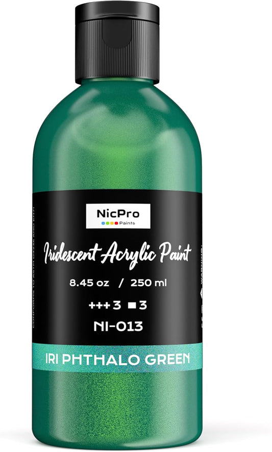 Nicpro Iridescent Green Acrylic Paint, 8.45oz / 250ml Large Bottle Green Metallic Acrylic Paint, Color Shifting & Non-Toxic Art Painting Supplies For Craft Canvas Fabric Rock Wood Ceramic Metal